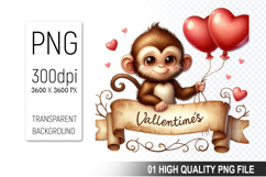 Cute Monkey Clipart PNG, Valentine&#039;s Day Animal PNG File Product Image 1
