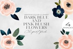 Dark Blue &amp; Blush Pink Flowers Clipart PNG. Product Image 1