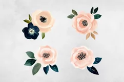 Dark Blue & Blush Pink Flowers Clipart PNG. Product Image 3