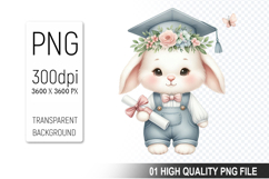 Bunny Clipart PNG, Watercolor Graduation Animals Clipart Product Image 1