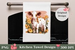 Cute Cow Kitchen Towel Design, Sunflowers Towel Sublimation Product Image 1