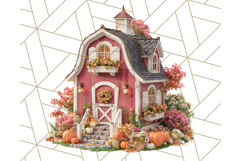 Fall Barn Clipart PNG With Pumpkins and Flowers, Autumn Png Product Image 4
