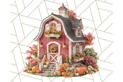 Fall Barn Clipart PNG With Pumpkins and Flowers, Autumn Png Product Image 4