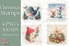 Vintage Christmas Stamp Clipart PNG Watercolor Product Image 1