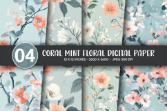 Coral Mint Floral Digital Paper Product Image 1