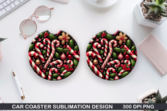 Candy Cane &amp; Holly Car Coaster Sublimation PNG Design Product Image 1