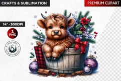 Christmas highland cow in bucket Clipart, christmas clipart Product Image 1