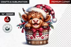 Christmas highland cow in bucket Clipart, christmas clipart Product Image 1