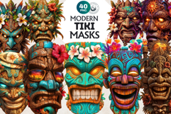 Tiki Masks Cliparts Set, Polynesian Art, Tiki bar, hawaiian Product Image 1