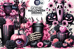 Gothic Halloween Drinks - Witchy Pink &amp; Black Clipart PNG Product Image 1