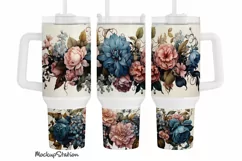 Blue Pink Flowers 40 oz Quencher Tumbler Wrap | Watercolor Product Image 1