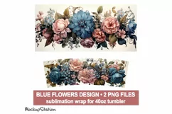 Blue Pink Flowers 40 oz Quencher Tumbler Wrap | Watercolor Product Image 2