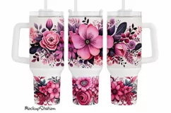 Pink Flowers 40 oz Quencher Tumbler Wrap PNG | Fall Floral Product Image 1