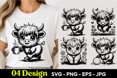 Cute Highland Cow Coffee Lover Cartoon SVG PNG Product Image 1