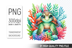 Floral Sea Turtle Clipart, Watercolor Sea Turtle PNG File Product Image 1