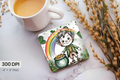 Cute Leprechaun with Rainbow and Gold Pot Square Coaster PNG Product Image 1