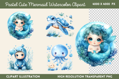 Pastel Cute Mermaid Watercolor Clipart Bundle PNG Product Image 13