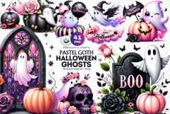 Pink Pastel Goth Halloween Ghost PNG Set, Cute Spooky Kawaii Product Image 1