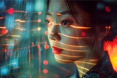 Young woman experiencing augmented reality in futuristic cit Product Image 1