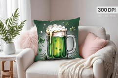 Green Irish Beer Mug with Shamrock Pillow PNG Sublimation De Product Image 1