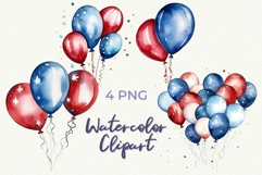 4th of July PNG Balloons Watercolor Clipart American flag Product Image 1