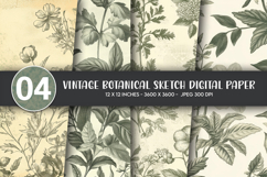 Vintage Botanical Sketch Digital Paper Product Image 1