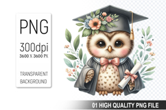 Owl Clipart PNG, Watercolor Graduation Animals Clipart Product Image 1