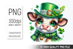 St. Patrick’s Day Cow with Hat Clipart, Shamrocks PNG Product Image 1