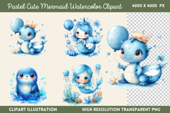 Pastel Cute Mermaid Watercolor Clipart PNG Product Image 1