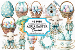 Cute Aqua Easter Watercolor Clipart Bundle PNG Product Image 1