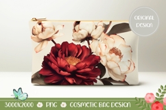 Burgundy Flowers Cosmetic Bag, Floral Cosmetic Bag PNG Product Image 1