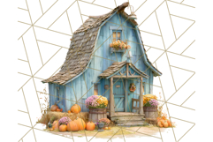 Fall Barn Clipart PNG With Pumpkins and Flowers, Autumn Png Product Image 2