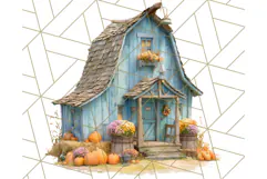 Fall Barn Clipart PNG With Pumpkins and Flowers, Autumn Png Product Image 2