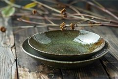 Two empty green ceramic plates standing on rustic wooden tab Product Image 1