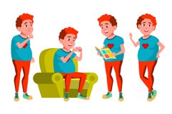 Teen Boy Poses Set Vector. Red Head. Fat Gamer. Face. Product Image 1