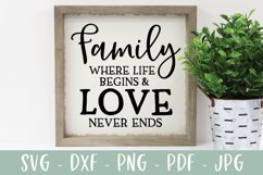 Family Where Life Beings & Love Never Ends Farmhouse SVG Product Image 1