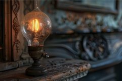 Old fashioned lightbulb glowing on rustic table Product Image 1