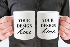 Two mugs mockup with man, Man holding two coffee mugs mockup Product Image 1
