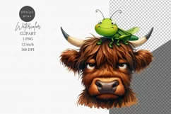 Funny Animals Clipart, Highland cow and a grasshopper Product Image 1