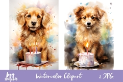 Dogs in Front of Birthday Cakes Watercolor Clipart Product Image 1
