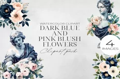 Dark Blue & Blush Pink Flowers Clipart PNG. Product Image 1