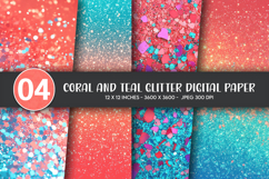 Coral and Teal Glitter Digital Paper Product Image 1