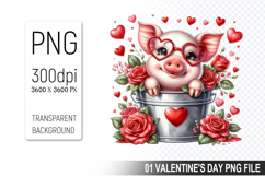 Valentine&#039;s Pig in Bucket, Animal Graphic For Crafts Product Image 1