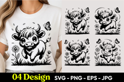 Cute Highland Cow Butterfly Garden Cartoon SVG PNG Product Image 1
