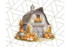 Fall Barn Clipart PNG With Pumpkins and Flowers, Autumn Png Product Image 3
