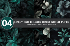 Moody Teal Emerald Floral Digital Paper Product Image 1