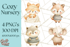 Knitted Nursery Animal Clipart PNG, Cozy Watercolor Baby Fox Product Image 1
