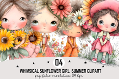 Whimsical Sunflower Girl Summer Clipart Watercolor png Product Image 1