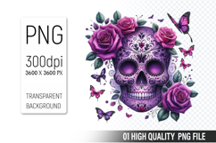 Sugar Skull Clipart PNG, Sublimation Skull Flowers Product Image 1