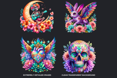 Pastel Floral Day of the Dead Clipart PNG Set v2,sugar skull Product Image 3